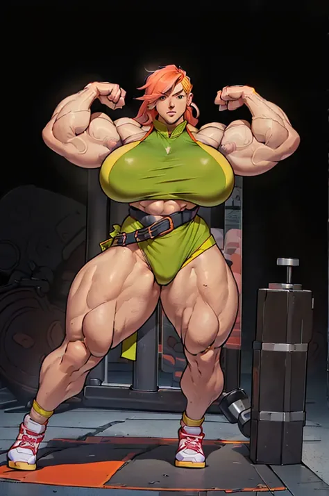 (Huge muscle girl:1.8),(female bodybuilder:1.8),(gigantic thighs:1.8),(gigantic biceps:1.8),(gigantic muscles:1.8)(gigantic breasts:1.8),(muscular abs:1.8)(small waist:1.8)