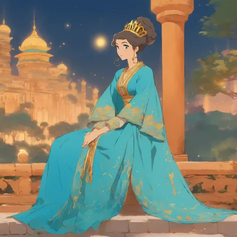 a drawing of a woman in a blue dress sitting on a bench, ancient libu princess, inspired by Osman Hamdi Bey, persian folktale artstyle, in the art style of bowater, ((a beautiful fantasy empress)), persian princess, persian queen, inspired by Altoon Sultan...