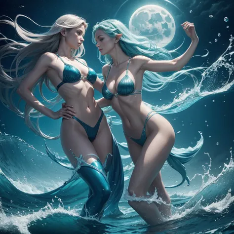 A pair of gorgeous, sinewy, sea elf women (age 30). sing and dace on the surface of the ocean u moonlight.