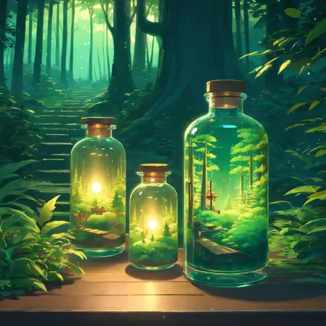 (Intricate forest mini-town landscape trapped in a bottle), Atmospheric Oliva Lighting, on the table, 4KUHD, dark atmosphere, Super detailed, Bright colors forest background, epic work, octane rendering, sharp focus, High resolution isometric