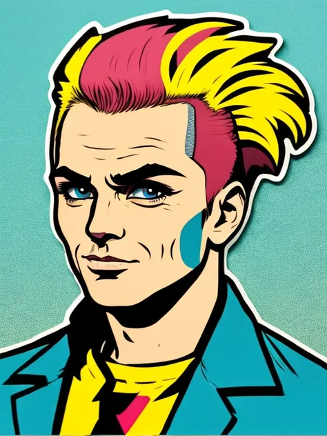 sticker wow pop art face. man  with  punk hair , vector background in pop art retro comic dots style