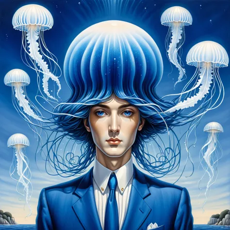 blue and white male jellyfish person in Rafal Olbinski art style
