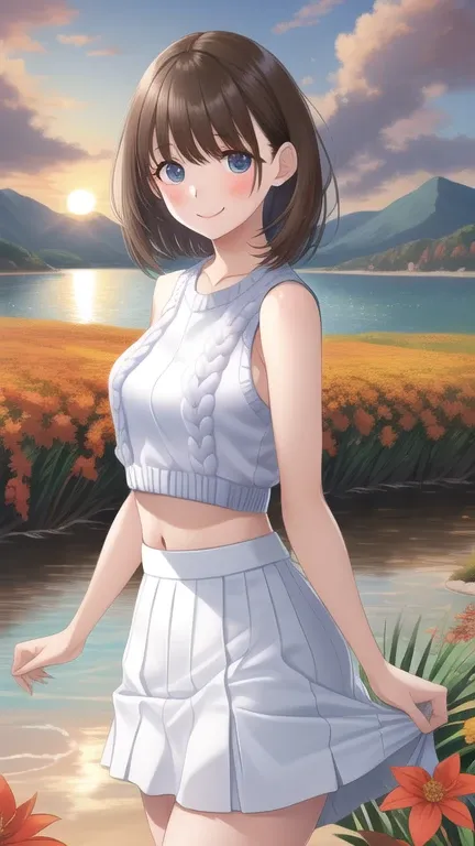 nsfw、

1girl, (((white sleeveless cropped knit、white micro skirt:1.3))), ((skirt_hold)),autumn, autumn_leaves, bangs, beach, blue_sky, blush, breasts, brown_hair, closed_mouth, cloud, cloudy_sky, collarbone, day, dress, field, flower, flower_field, horizon...