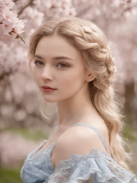 a young victorian girl,  around 18 years old, very beautiful, The hair is curly blonde，blonde hair，big wave。Wearing a blue victorian luxury dress， She was in a garden with cherry blossom trees in full bloom，There are many pink cherry blossoms，Very beautifu...