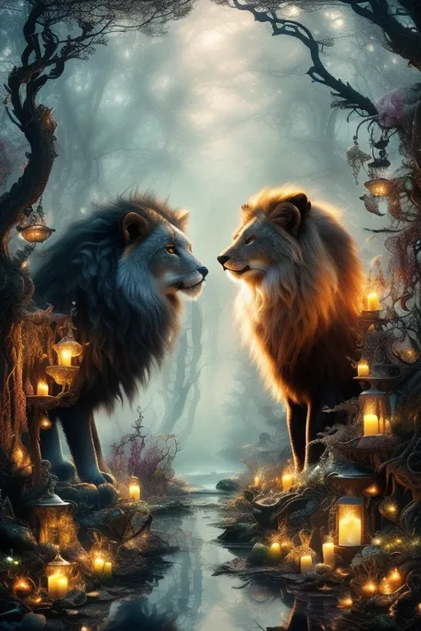 ((best qualit(highest quality,4k,8K,High resolution,masterpiece:1.2), detailed fox head, Lion body with majestic lion tail, Owl feathers, dreamy forest background, Bright colors, soft sunlight, mysterious atmosphere, mysterious beauty, intricate fur detail...