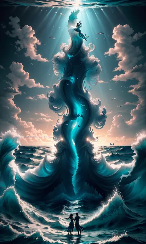  Dancing people, people dancing on the sea,(epic ocean :1.5),,  , people like to dance, ((wind effect)),,(mythical atmosphere),Light penetrates the clouds, magnificient clouds, blue theme, epic ocean, 