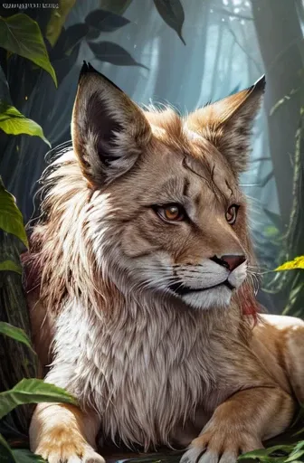 (highest quality,4k,8K,High resolution,masterpiece:1.2), detailed fox head, Lion body with majestic lion tail, Owl feathers, dreamy forest background, Bright colors, soft sunlight, mysterious atmosphere, mysterious beauty, intricate fur details, Piercing f...