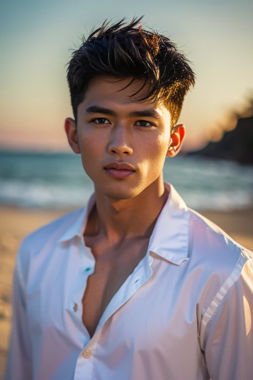 realistic photography, handsome young thai men ,big loose shirt ,beach , 16k resolution , ultra-high clarity , hyperrealism, uhd...