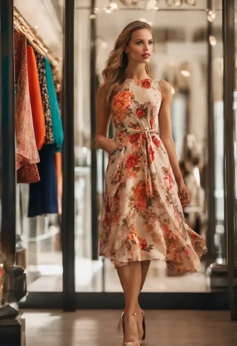 a girl in a clothing shop, beautiful detailed eyes and lips, fashionable appearance, trying on a dress, colorful fabrics, vibrant colors, soft natural lighting, medium:fashion illustrations, (bright,floral patterned,eye-catching,stylish) dresses, (elegant,...