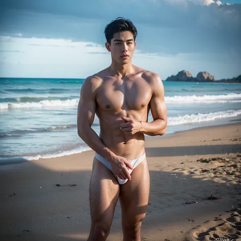 Realistic Photography, Handsome Young Thai Men , beach , 16k resolution , ultra-high clarity , hyperrealism, uhd , (bare thighs ) , full length shot , big hips , big thighs , big bulge , eroticism, sexy , NSFW , string thong , 2 men 
