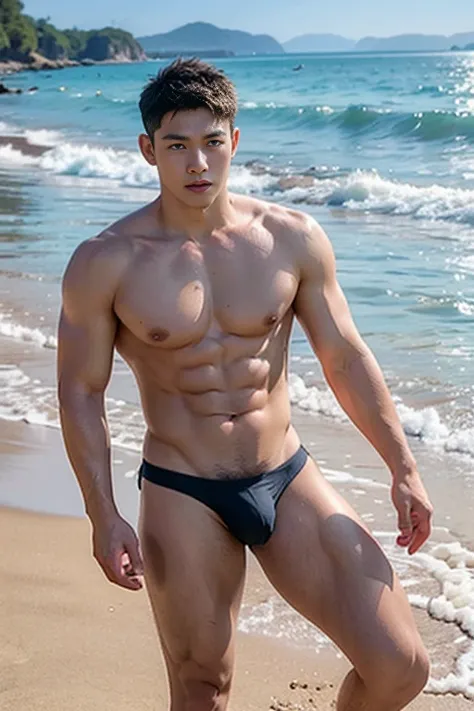 Realistic Photography, Handsome Young Thai Men , beach , 16k resolution , ultra-high clarity , hyperrealism, uhd , (bare thighs ) , full length shot , big hips , big thighs , big bulge , eroticism, sexy , NSFW , string thong , 2 men 
