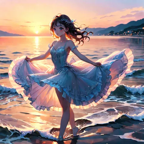 People Dancing on the Sea Surface, aesthetic, extremely detailed, dancing people,seaside sunset landscape,beautiful detailed eyes,beautiful detailed lips,longeyelashes,graceful ballet movements,flowing dresses,floating on water,gentle sea breeze,rippling w...