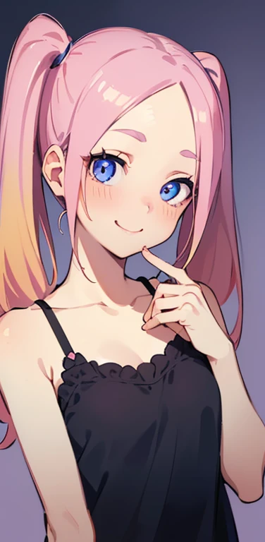 Realistic、1girl、pink hair、twintails、blue eyes、(eye focus:1.3,face focus:1.3,upper body:1.5),(gradient eyes:1.3),(camisole)、open mouth,(shy smile:1.3),forehead,cute face,portrait,