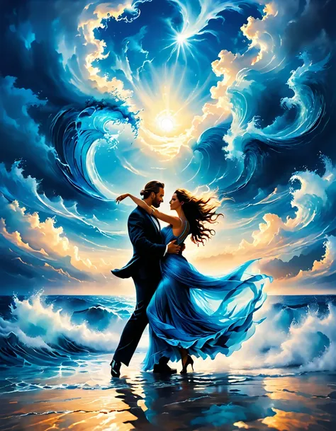 A beautiful couple dancing tango, a beautiful couple dancing tango on the sea, (epic ocean: 1.5), the beautiful couple loves dancing tango, ((wind effect)),,(mythical atmosphere), light enters the clouds, magnificent clouds, blue theme, epic ocean