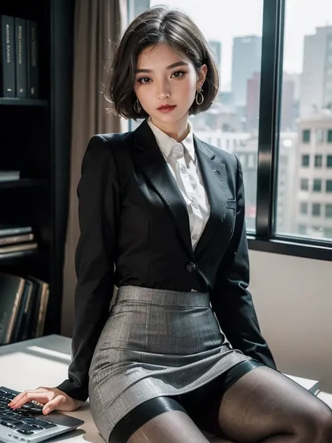 (8K, best quality, masterpiece:1.2), (actual, photo-actual:1.37), Super detailed, 1 stunningly beautiful girl, (Adjust hair:1.5) female office worker, An exquisite metal small mechanical keyboard,Gray office blazer, office skirt, (pantyhose:1.2), (Professi...