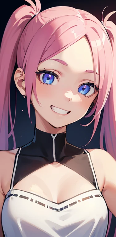 Realistic、1girl、pink hair、twintails、blue eyes、(eye focus:1.3,face focus:1.3,upper body:1.5),(gradient eyes:1.3),(camisole)、open mouth,(grin smile:1.3),forehead,cute face,portrait,