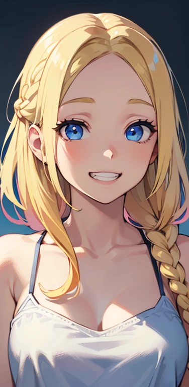 Realistic、1house wife、blonde hair、braid、blue eyes、(eye focus:1.3,face focus:1.3,upper body),(gradient eyes:1.3),(camisole)、open mouth,(grin:1.3),forehead,cute face