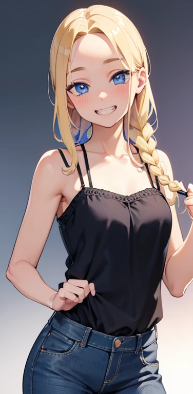 Realistic、1house wife、blonde hair、braid、blue eyes、(eye focus:1.3,face focus,cowboy shot),(gradient eyes:1.3),(camisole)、open mouth,(grin:1.3),forehead,cute face