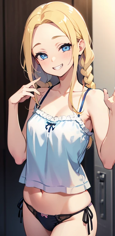 Realistic、1house wife、blonde hair、braid、blue eyes、(eye focus:1.3,face focus,cowboy shot),(gradient eyes:1.3),(camisole　sexy　panties
)、open mouth,(grin:1.3),forehead,cute face