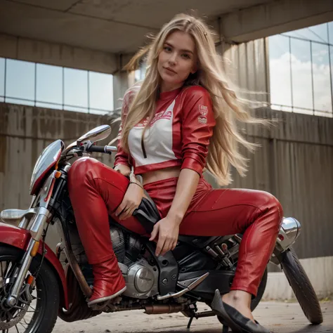 realistic photo, Blonde with long hair, on a sports motorcycle, in red clothes