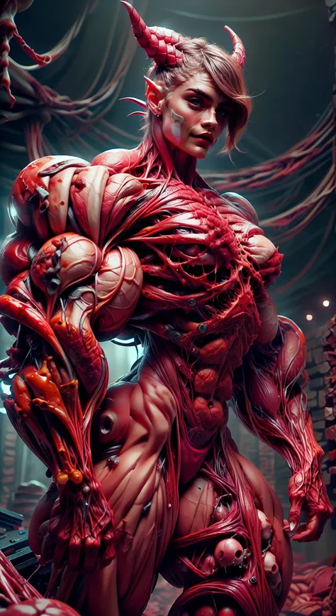 (1 girl), (cara delevingne:1.25), (carnage skinless physique:1.25), (1 super muscular undead skinless succubus with gigantic horns:1.25), (covered in red necrotic rotting skinless muscle:1.25), (exposed muscles & veins everywhere:1.25), (perfect fingers:1....