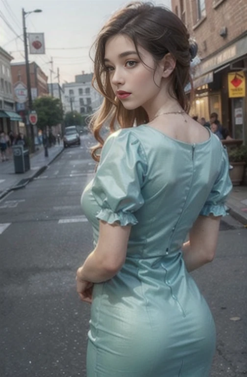 light blue dress를 입고 보도를 걷고 있는 여자, light green dress, wearing in a summer dress, simple dress, summer dress, woman in dress, gre...