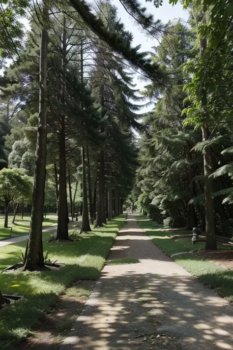 A pathway leading through a park with tall trees on either side under a clear sky, surrounded by lush greenery