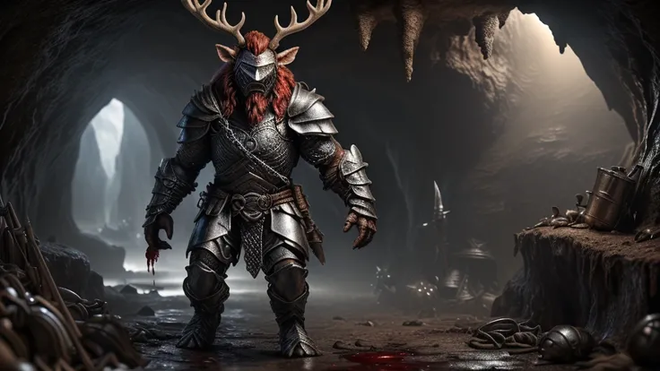 (((Imagine an adventurer, clad in a full suit of dark metal armor and intricately carved chain mail, adorned with a red deer crest ornament atop his helmet, complete with antlers and a blood-red mane. The adventurers muscles ripple beneath the armor as he ...