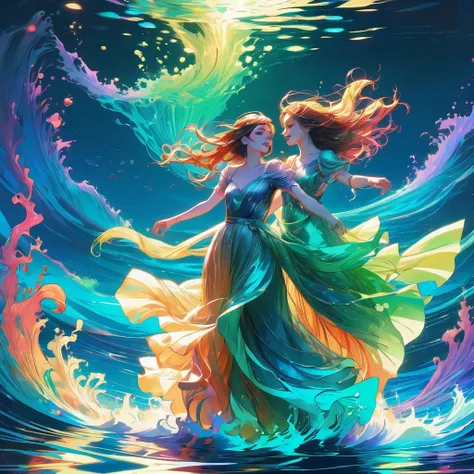 People Dancing on the Sea Surface, aesthetic, extremely detailed, People Dancing on the Sea Surface, Bioluminescent, in the Style of Artgerm and Charlie Bowater and Atey Ghailan and Mike Mignola, vibrant colors and hard shadows and strong rim light, Comic ...