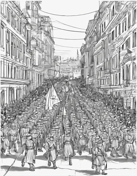 all black and white sketch drawing of Memorial Day Parade: A lively parade with bands, floats, and flags, capturing the spirit of celebration.