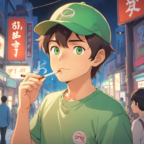 Cartoon image of a man with a cigarette, green eyes, on goals baseball cap , light stubble on the face. Super handsome Japanese man , illustration in cartoon style, Cartoon art style, Cartoon art style, digital illustration style, highly detailed character...