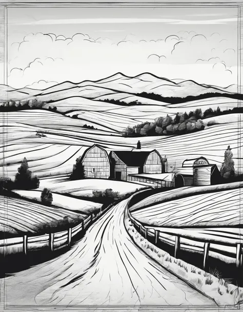 All black and white background and simple sketch of Americana Landscape: A scenic landscape with barns, silos, and rolling hills, evoking a sense of rural American charm.