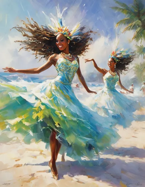 A vibrant scene on the shores of Jamaica, where a group of dynamic dancers forms a captivating procession, swaying to the rhythm of the oceans pulse. The shot captures the full expanse of the beach, with the azure sea stretching into the horizon and the go...