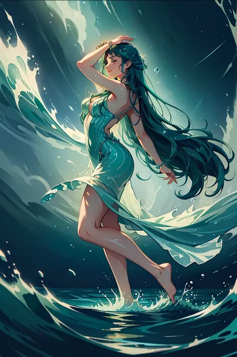        The flowing long hair of the Water Goddess(Basket green gradient)  Dancing in the sea breeze and rolling waves、Splashing waves undulating ocean dance surrealism，The dance of the ocean in a dreamlike night with twinkling stars、Moonlight reflected on ...