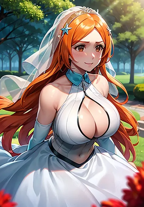 1girl hair between eyes, ahoge, brown eyes,orange hair, star (symbol), hair ornament, dress, cleavage, bare shoulders, collarbone, long white elbow gloves, white gloves, white dress, white choker, strapless, tiara, veil, strapless dress, wedding dress, bri...