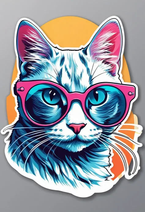 (illustration, vector style:1.3, sticker-style illustration for print) A cat with cool sunglasses, hip hop, clean background, simple background. (inside the lens of the sunglasses they reflect an image of a girl)