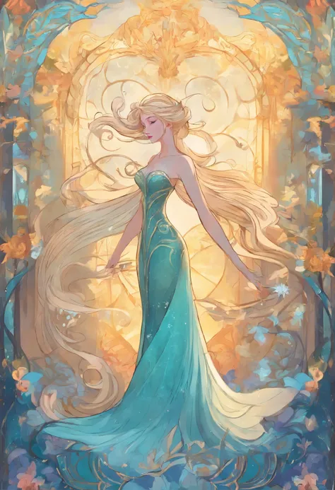 Frozen Disney, art nouveau curves, illustration, art nouveau, game card