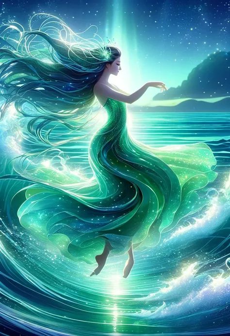 Dance of the Ocean, Goddess of Water(individual) elegant long hair(Basket green gradient) Dancing in the sea breeze and rolling waves、Splashing waves undulating ocean dance surrealism，The dance of the ocean in a dreamlike night with twinkling stars、Moonlig...