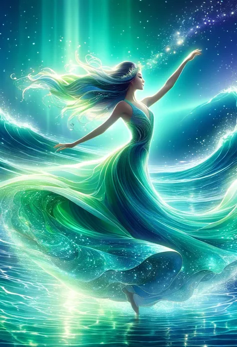 Dance of the Ocean, Goddess of Water(individual) elegant long hair(Basket green gradient) Dancing in the sea breeze and rolling waves、Splashing waves undulating ocean dance surrealism，The dance of the ocean in a dreamlike night with twinkling stars、Moonlig...