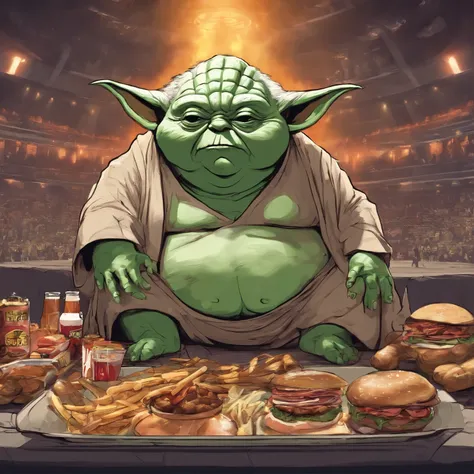 (very super fat Yoda:1.2)with fat mans belly, in the ring, on the floor of the ring, there are hundreds of burgers and hot dogs lying around, dramatic lights, cinema 90s style