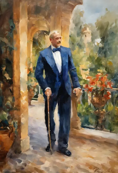 In a gorgeous villa，Understated luxury，A gentleman in his 50s，rich man，blond，blue eyes，stand，Cane，Overbearing，sharp eyes，watercolor