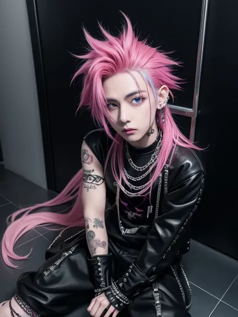 arafed boy With pink hair and piercings sitting on a floor, With pink hair, 1 goth anime boy, Long spiky pink hair, With index finger, Baroque visual art ki décora, Cabello Glam Metal, Punk doll, By harajuku, Ikuto Yamashita, Pink hair and sky eyes.