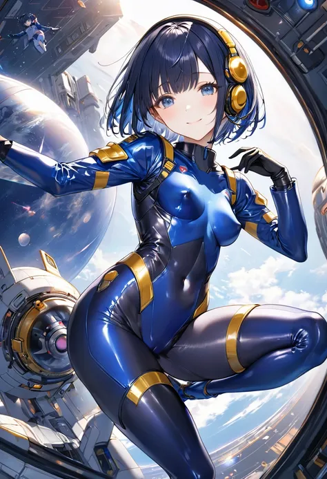 (masterpiece、highest quality、highest resolution、clear_image、Detailed details、Angle from above): (full body figure、One 20 year old girl、Japanese face、small face、thin、navy blue super short bob cut hair、(Hidden Small:1.3)、shining blue eyes、Blue and black shin...