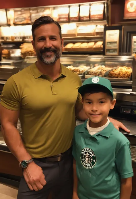 Handsome 38-year-old Starbucks manager and his 10-year-old son 