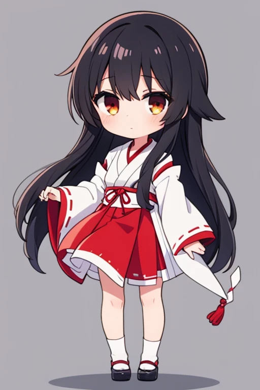 1girl, miko, black hair, brown eye, long hair, chibi, standing, full body