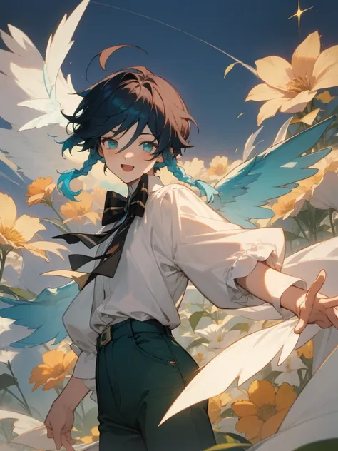 Venti, 1boy, male, solo, young adult, medium hair length, 2braids, dark blue hair color, cyan highlights in hair, energic expression, dynamic pose, flying, 2wings, flowers background, detailed eyes, white shirt, white sleeves, green pants, short pants, gre...