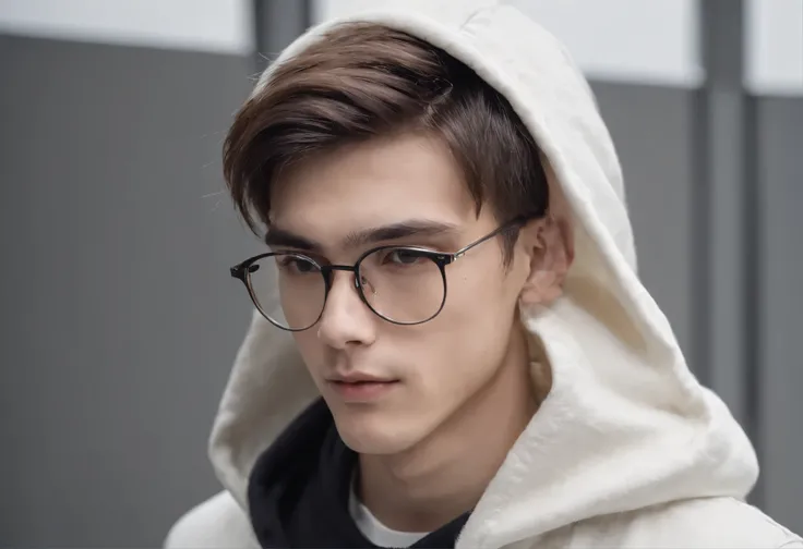 I want a studio photograph white background codac lights perfectly placed, thin young boy model with a white hoddies aesthetic profiled face long but acting and youthful hair wears glasses also very stylish and has a pose with his face looking to the side ...