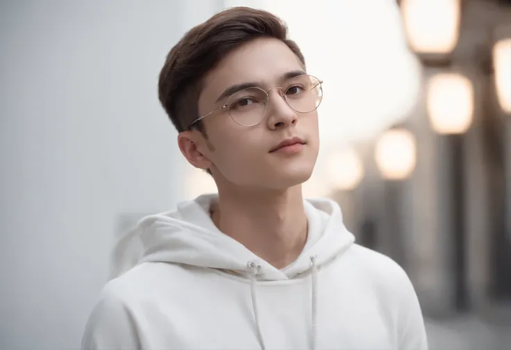 I want a studio photograph white background codac lights perfectly placed, thin young boy model with a white hoddies aesthetic profiled face long but acting and youthful hair wears glasses also very stylish and has a pose with his face looking to the side ...