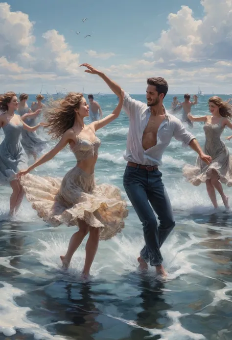 People Dancing on the Sea Surface, best quality, masterpiece, very aesthetic, perfect composition, intricate details, ultra-detailed