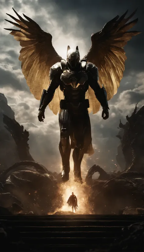 Golden crusader DC SUPERMAN fallen angel with big dragon wings coming from a portal, the path of gold, ascending flame,black hole sun, dark matter, extreme action poses, void ascii and matrix binary art, lovecraftian cosmic horror, (helldivers in the style...